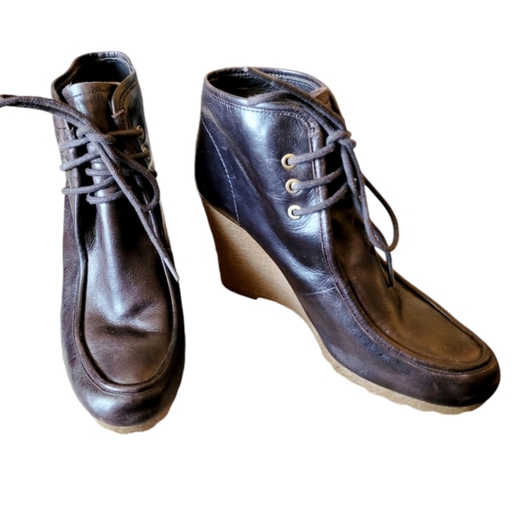 Michael Michael Kors Dark Brown Leather Wedge Booties Lace Up Size 9 - Picture 3 of 9